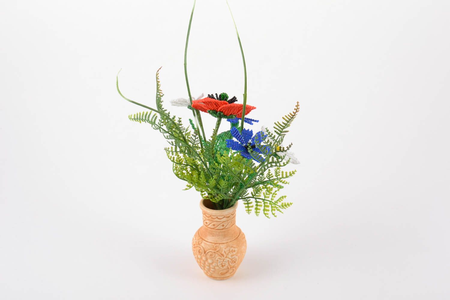 Handmade decorative beaded bouquet with red poppy and field flowers in small pot  photo 4