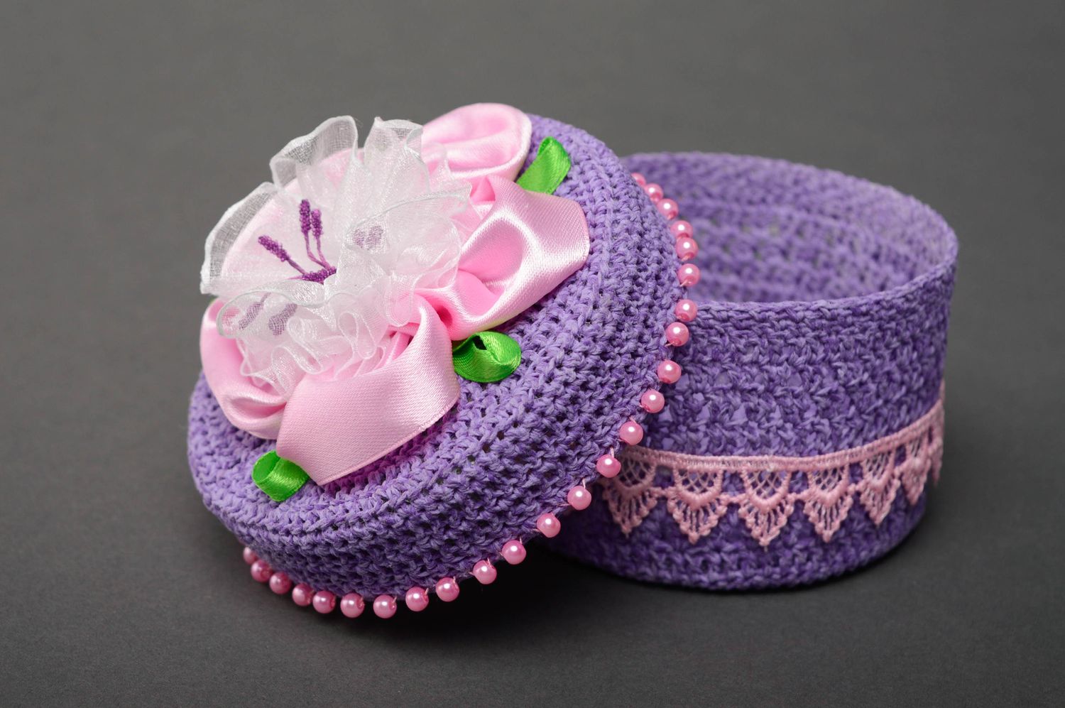 Coffret à bijoux décoré de dentelle et perles en plastique fait main violet photo 2