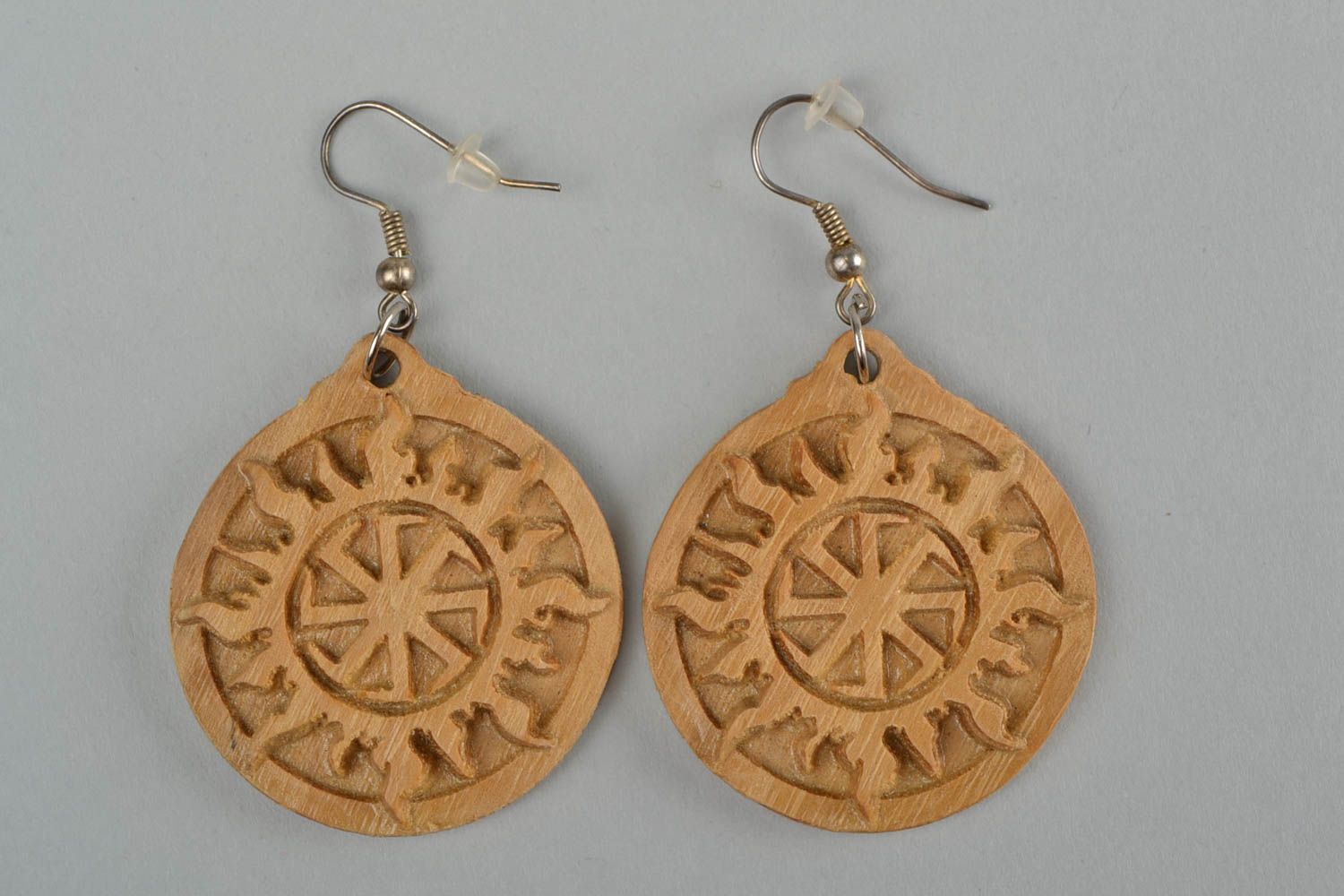 Handmade earrings amulet with Cross of Lada Virgin symbol made of acacia wood photo 3