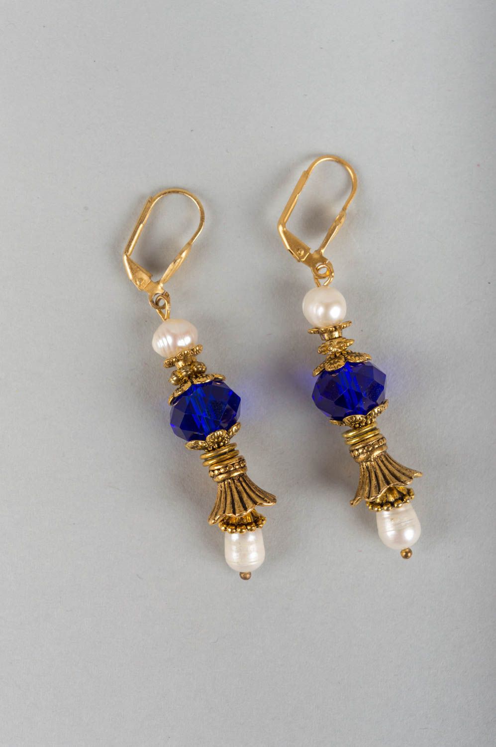Handmade long evening brass earrings with pearl and crystal beads photo 2