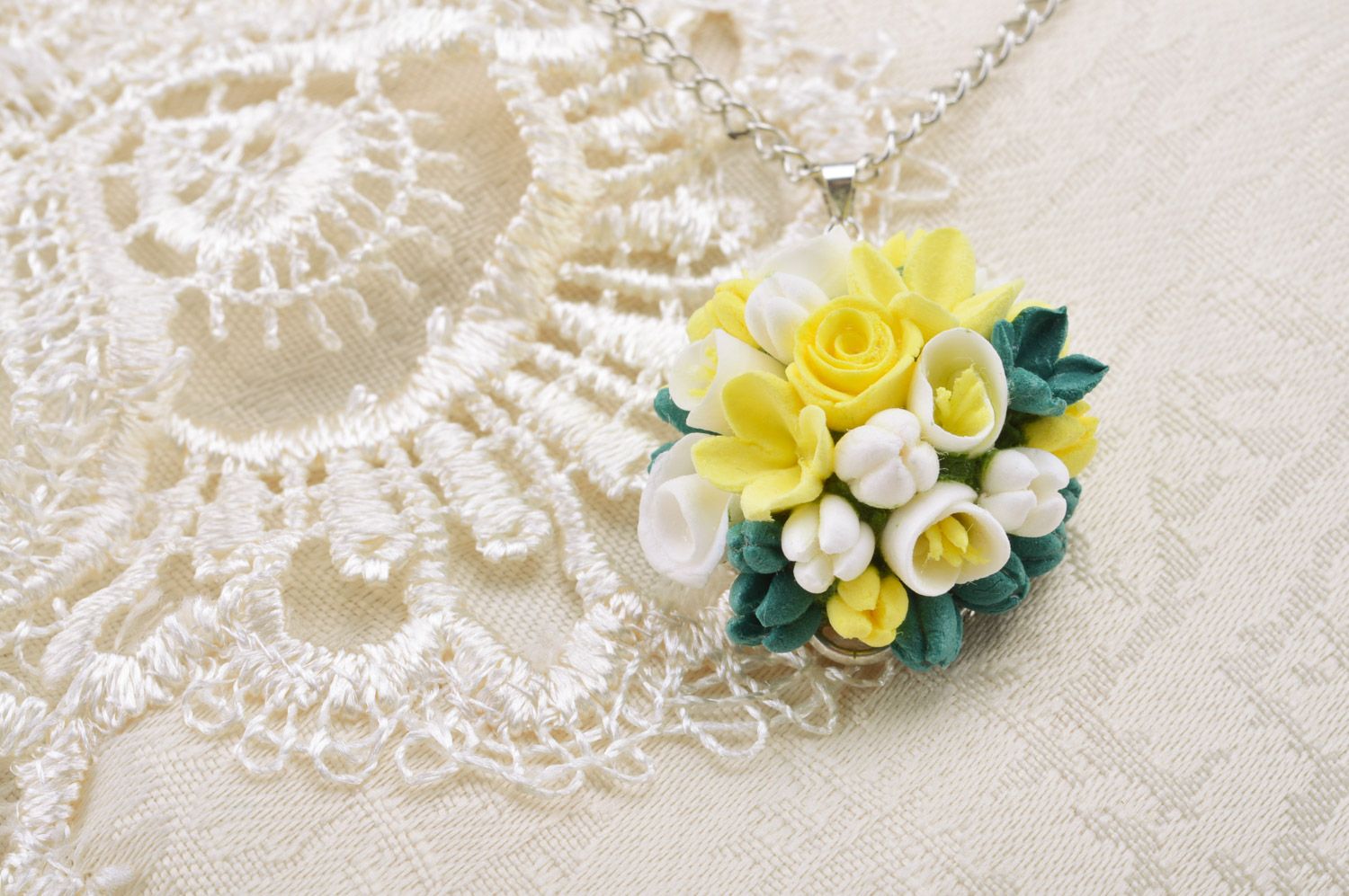 Handmade yellow polymer clay flower pendant with chain photo 5