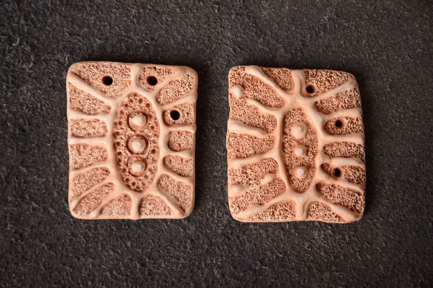 Set of 2 handmade flat ceramic blank pendants with abstract embossed pattern photo 1