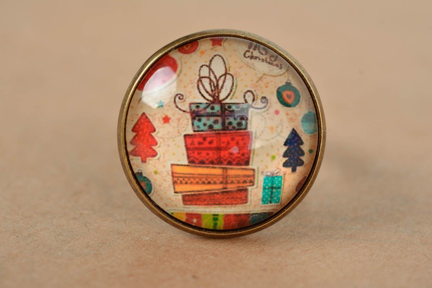 Bague ronde Bijou fait main cabochon en verre originale motif Noël Cadeau femme photo 2