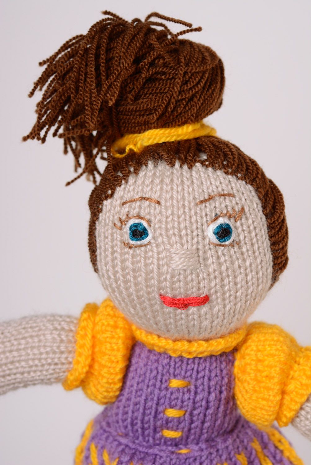 Handmade designer knitted soft doll girl in lilac dress photo 4
