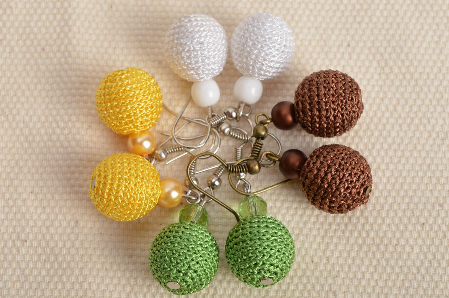 Set of handmade colorful crocheted ball shaped dangle earrings 4 pairs photo 1