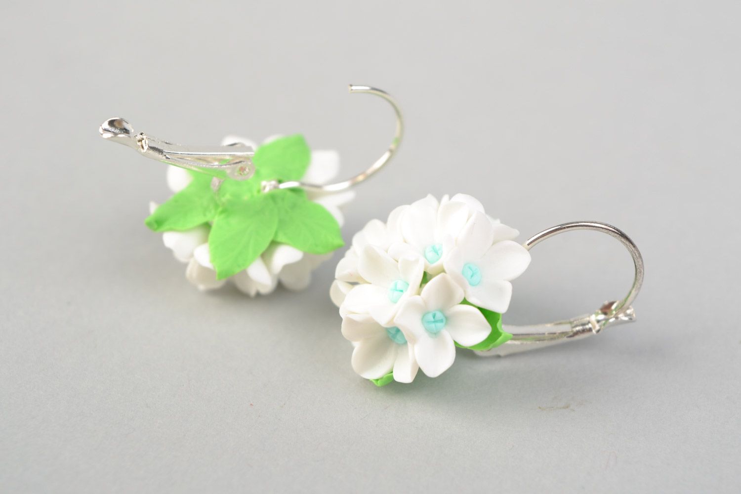 Handmade polymer clay earrings in the shape of bouquets of lilies of the valley photo 4