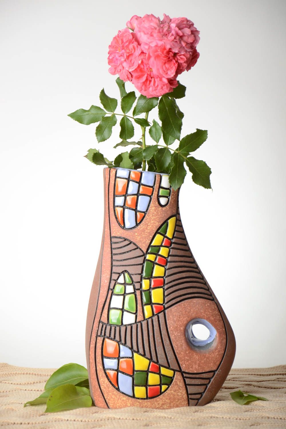 11 inches ceramic art style handmade vase with handle 3 lb photo 1