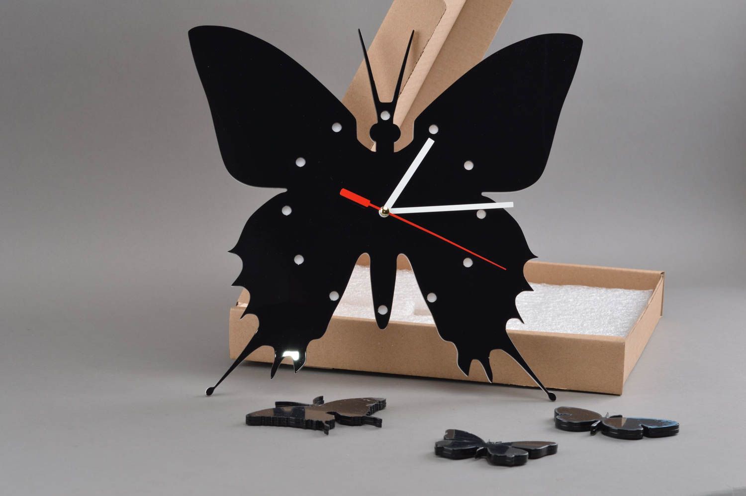 Black handmade clock wall butterfly accessory stylish housewarming gift photo 1