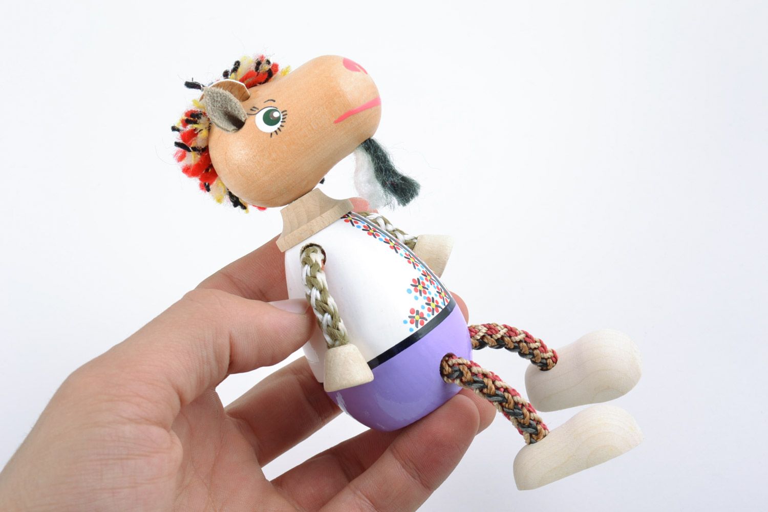 Handmade painted eco friendly wooden toy goat in ethnic costume for kids photo 2