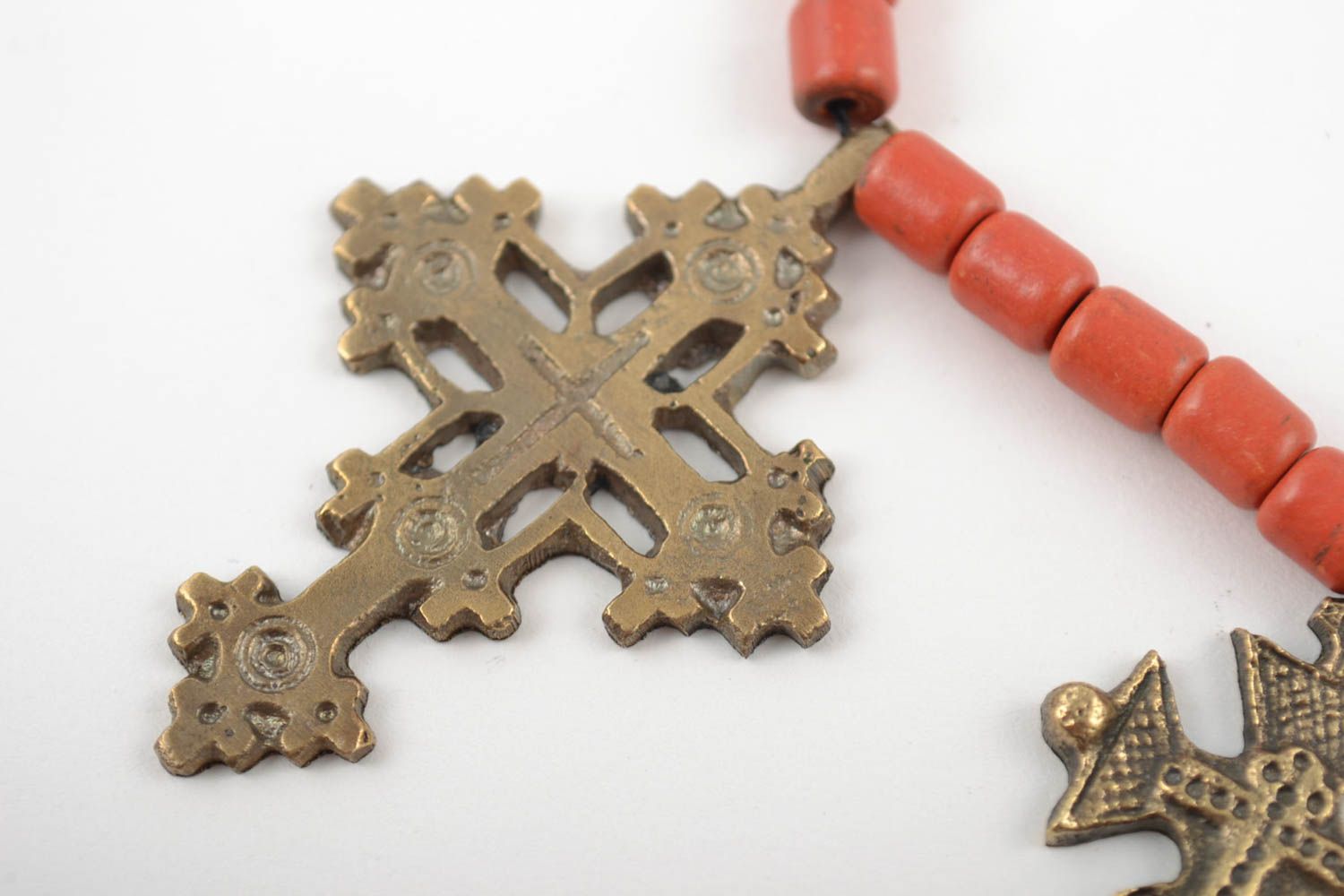 Handmade designer coral necklace with five bronze cross pendant charms for women photo 4