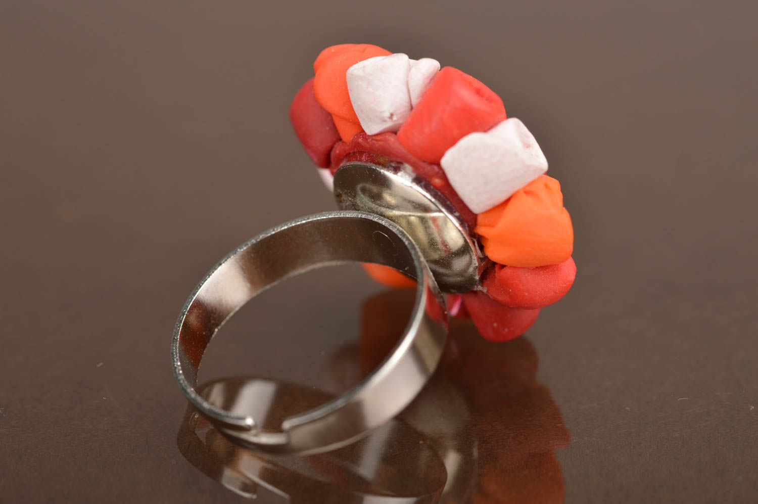 Handmade unusual ring made of polymer clay in form of bouquet of orange roses photo 5