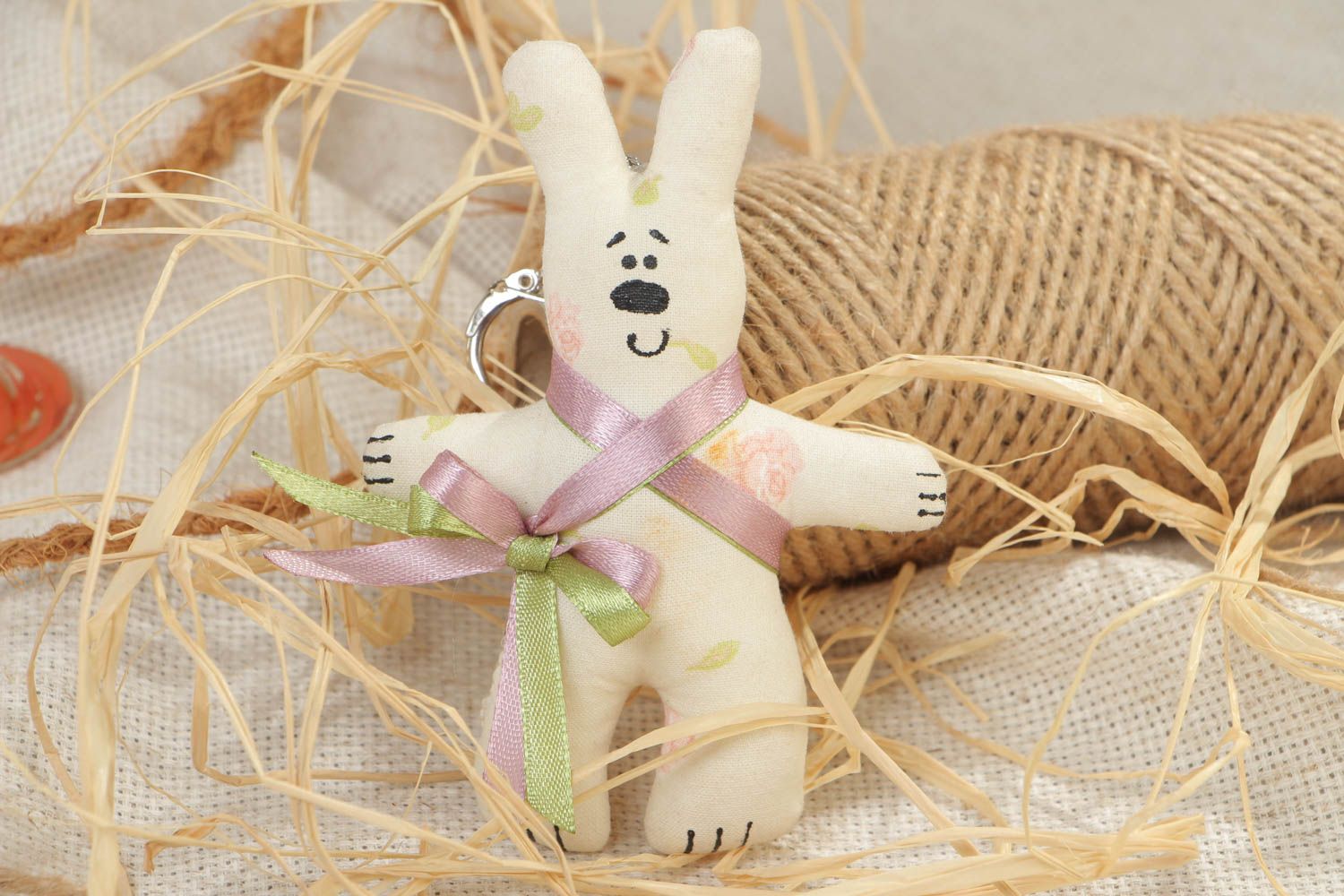 Handmade soft white rabbit key fob made of cotton cloth photo 1