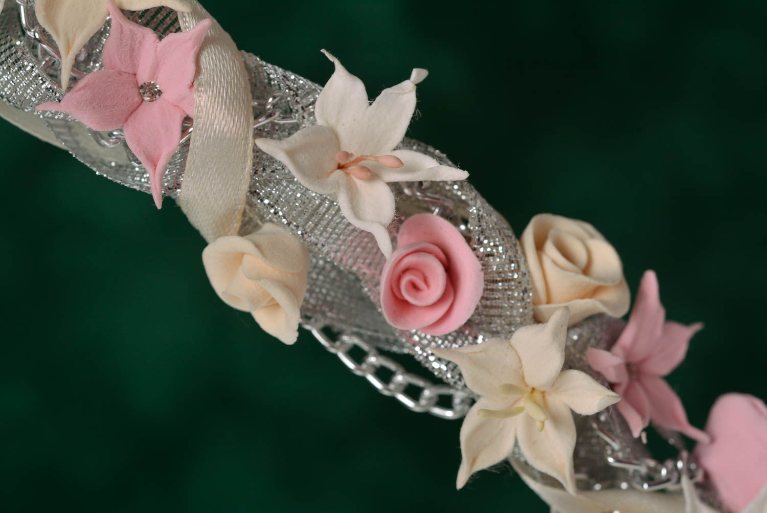 Collier et bracelet en pâte polymère sur ruban faits main avec fleurs 2 pièces photo 2