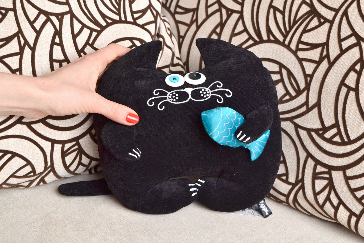 Handmade interior toy cushion in the form of black cat with fish made of flock photo 2