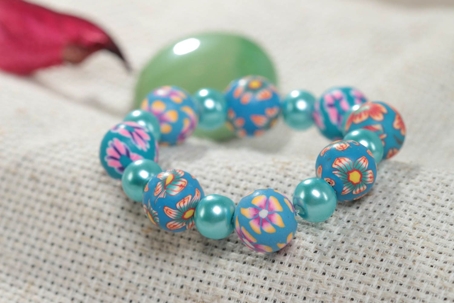 Nice blue handmade children's polymer clay wrist bracelet with beads photo 1