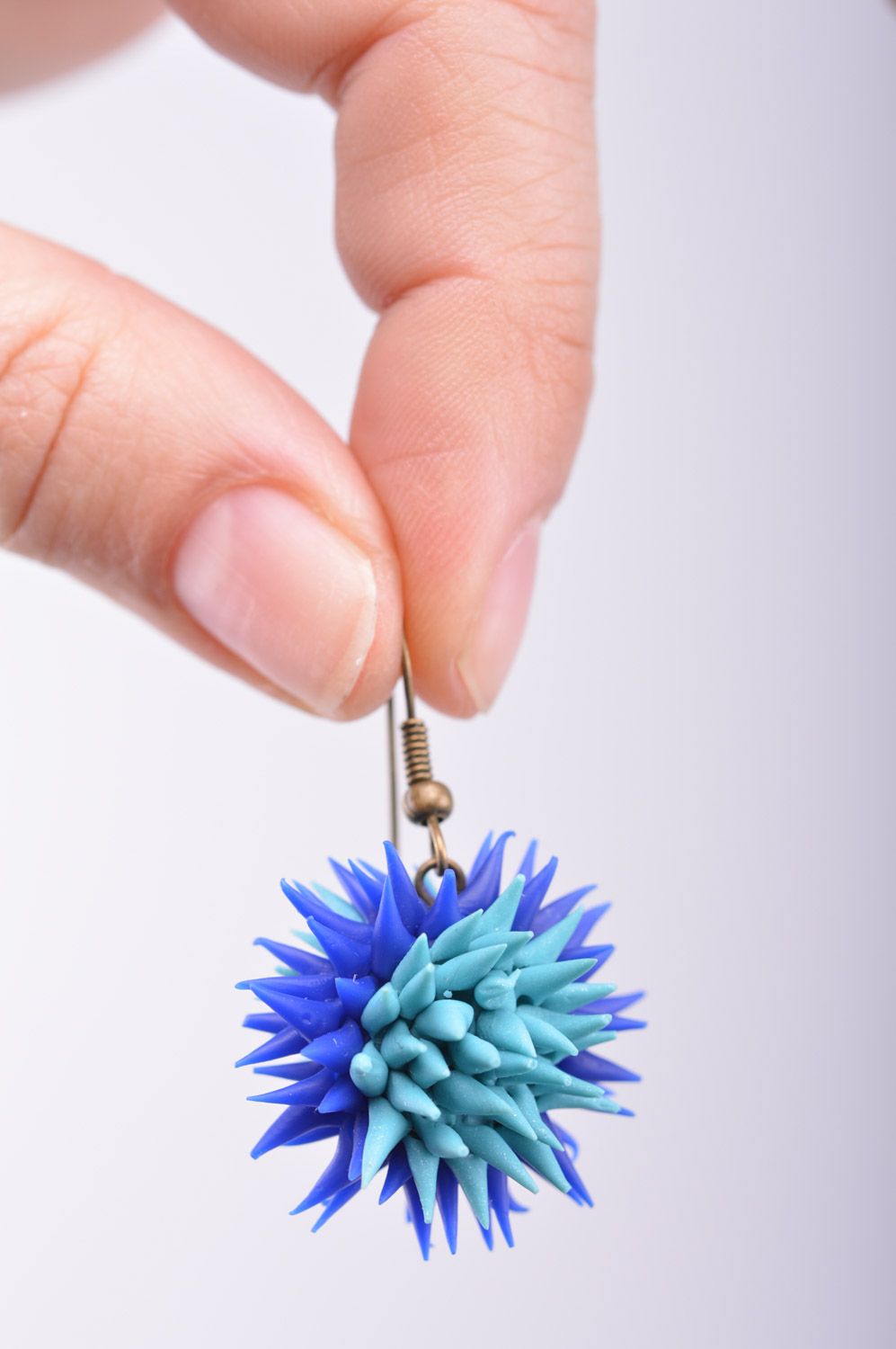 Beautiful blue handmade polymer clay earrings in the shape of sea urchins photo 1
