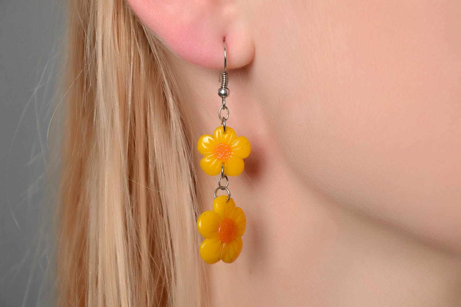Earrings Made of Polymer Clay Yellow Flowers photo 3