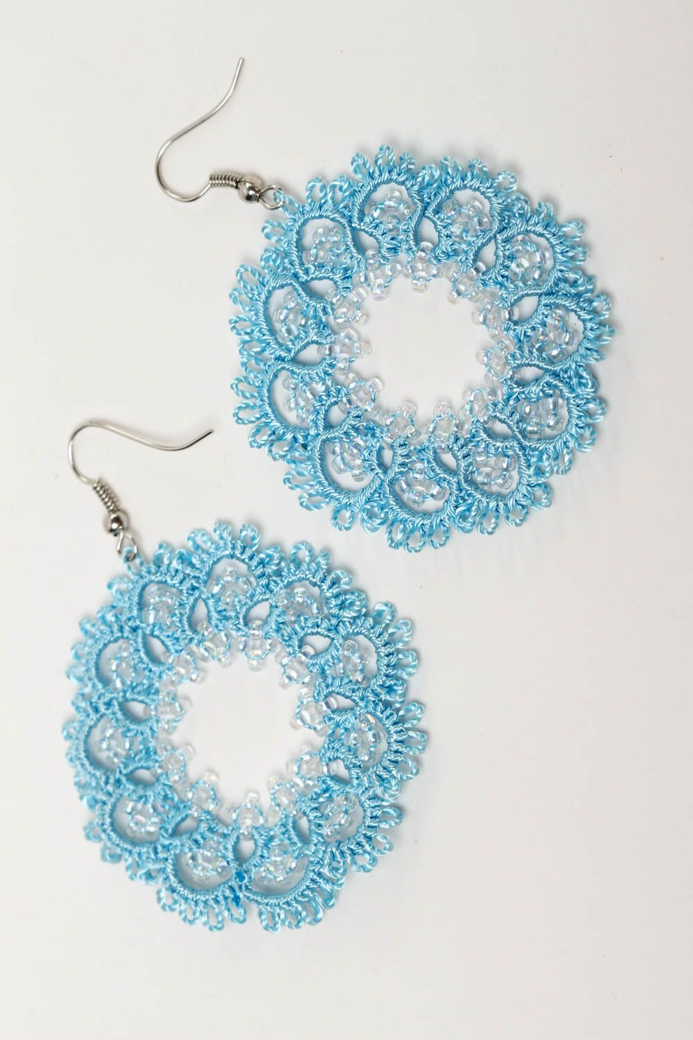 Blue handmade tatting earrings woven earrings ideas textile jewelry designs photo 2