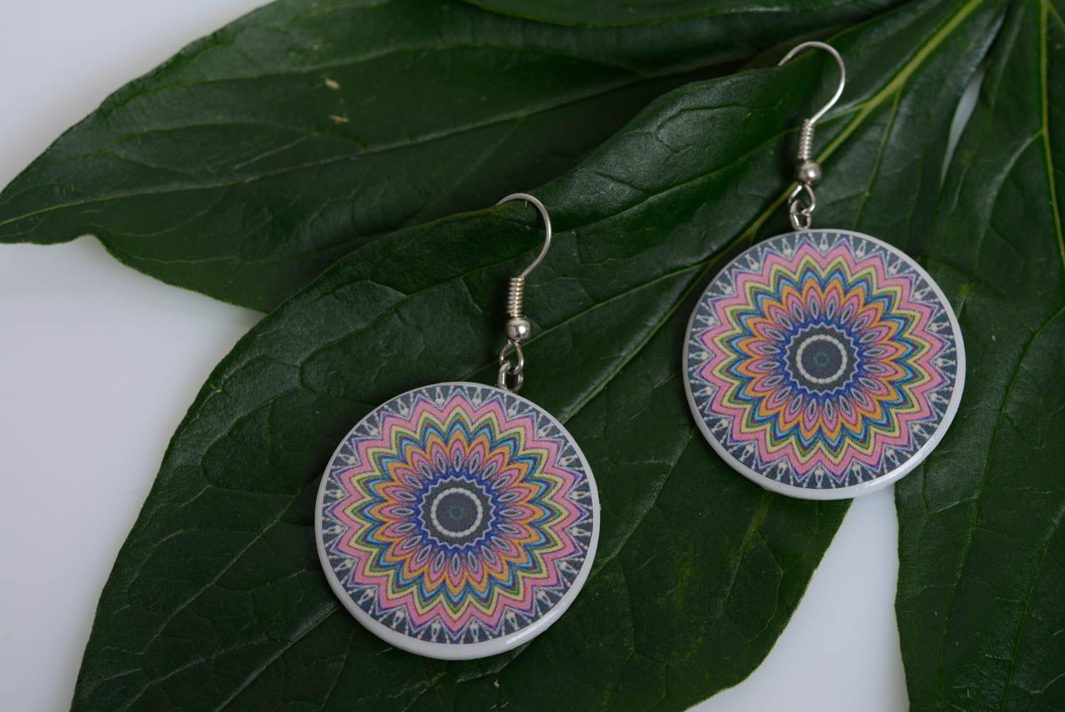 Beautiful bright women's handmade plastic earrings with decoupage pattern photo 4