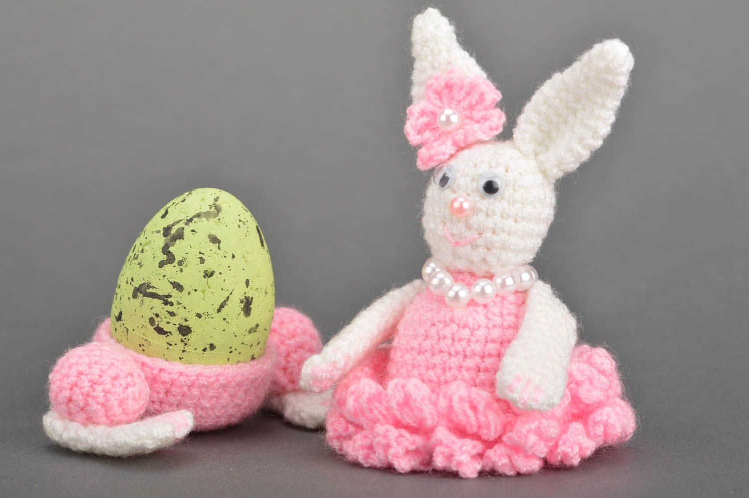 Handmade designer soft toy crocheted of acrylic threads Easter rabbit white pink photo 3
