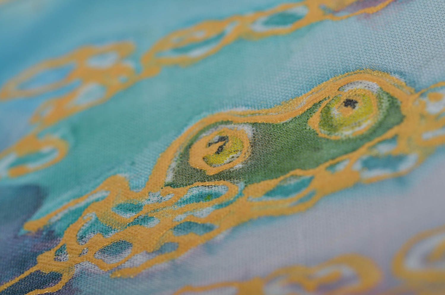 Handmade cold batik painting on fabric in frame Frog on Bog designer picture photo 2