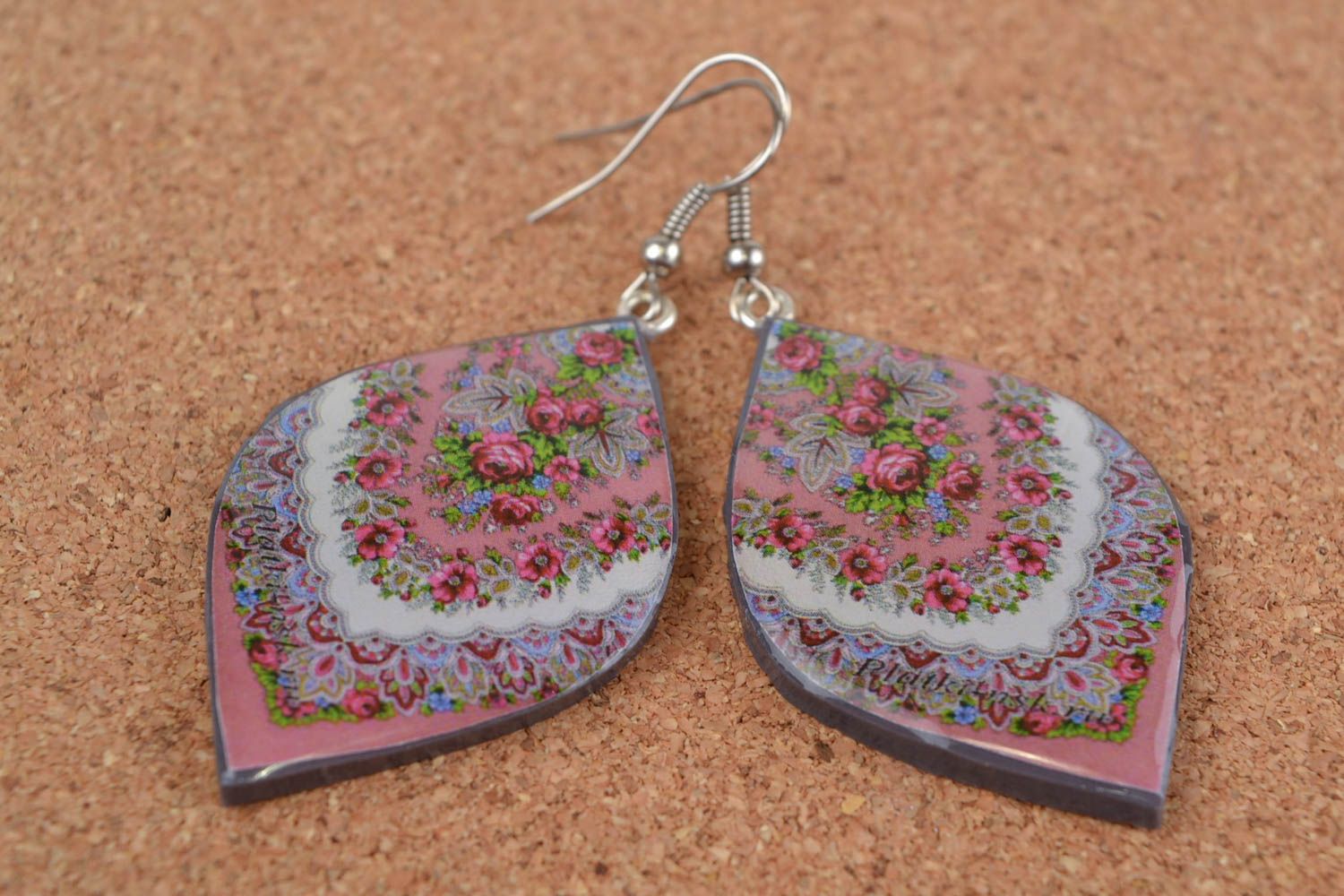 Handmade designer polymer clay decoupage earrings petal shaped with ornament photo 1
