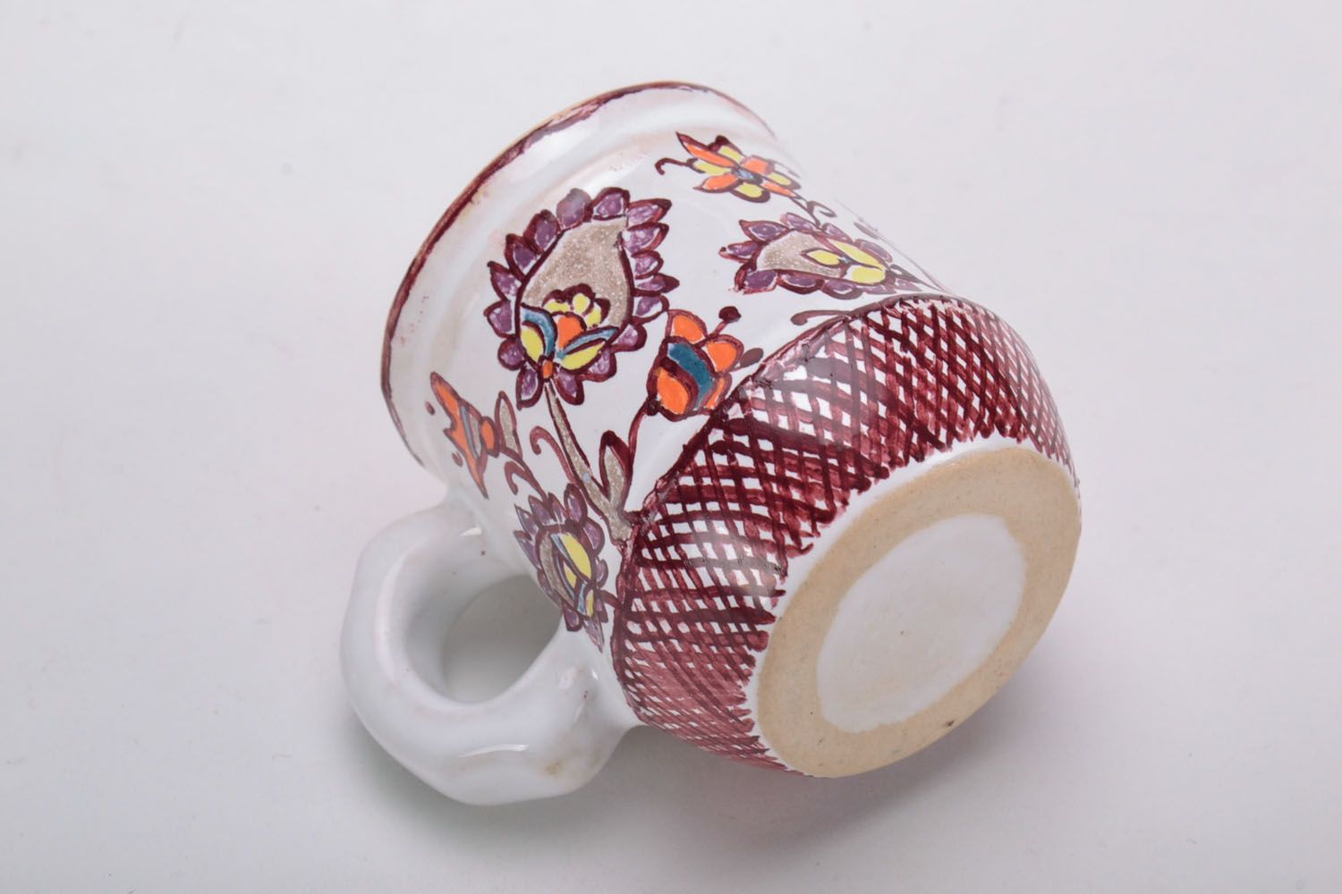 White and cherry color clay glazed decorative coffee cup with handle and beige glaze inside photo 4