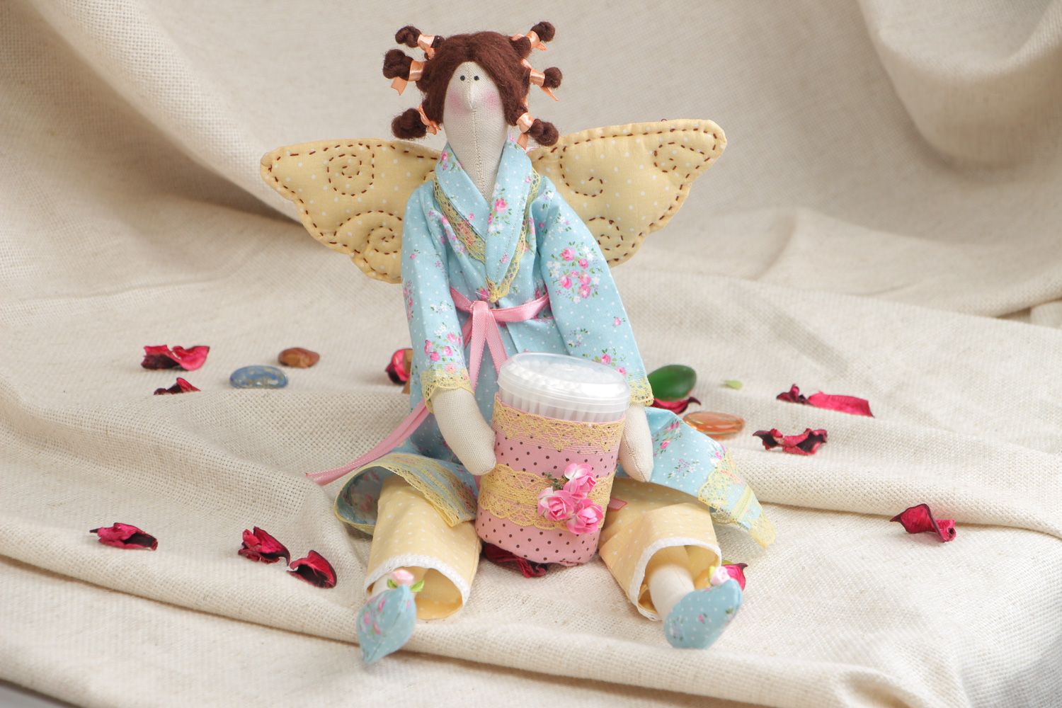 Handmade designer fabric soft doll Keeper of Cotton Swabs photo 5