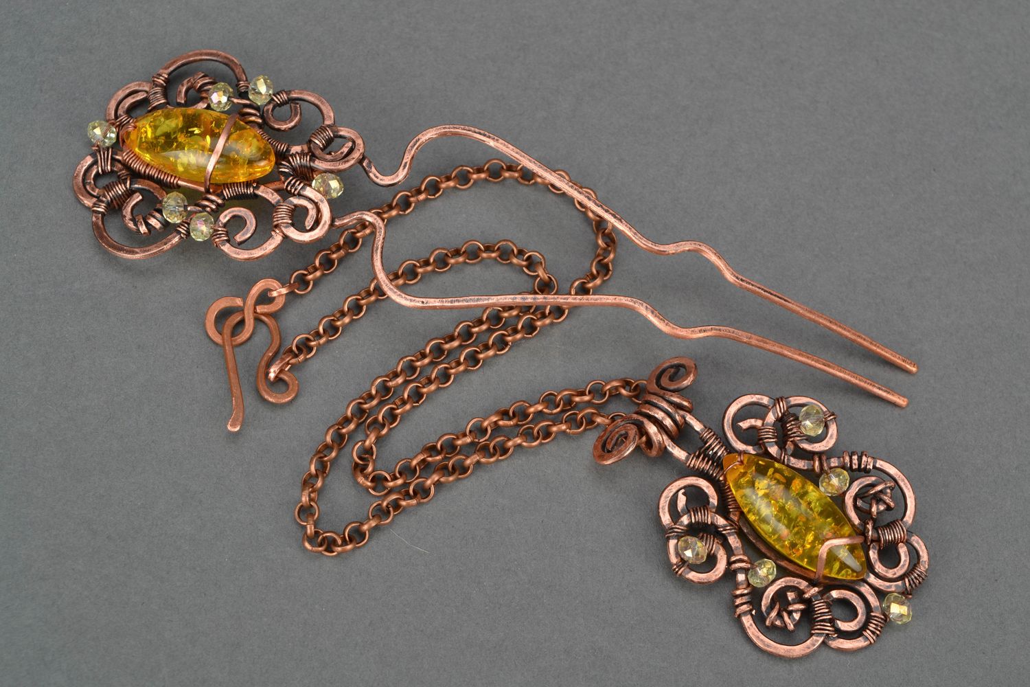 Handmade copper wire wrap jewelry set with amber photo 1