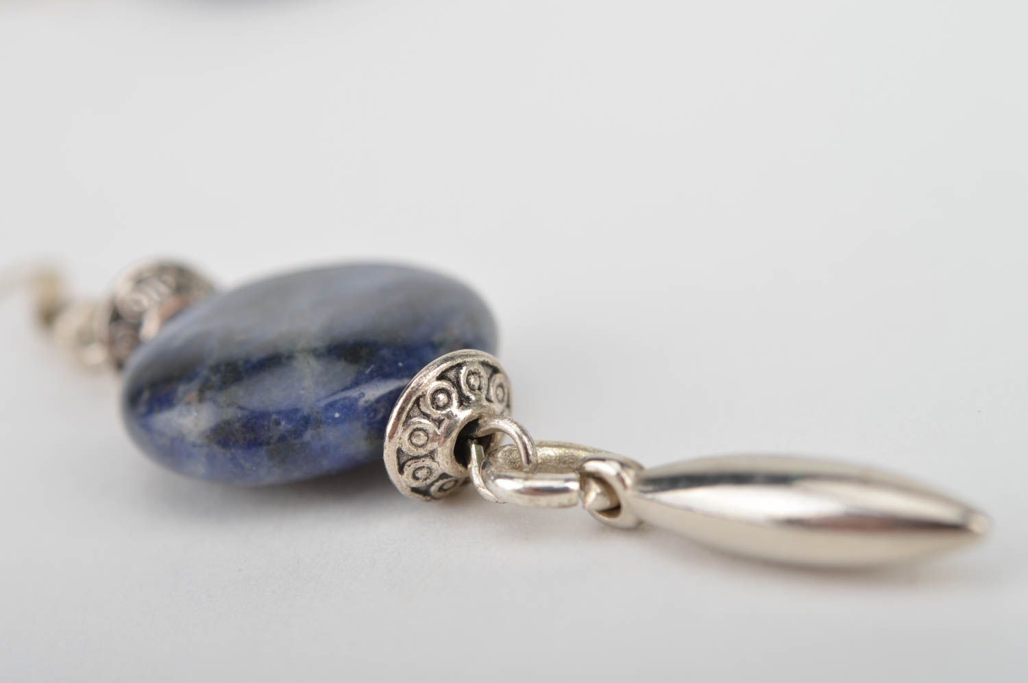 Beautiful homemade designer long metal earrings with blue beads photo 4