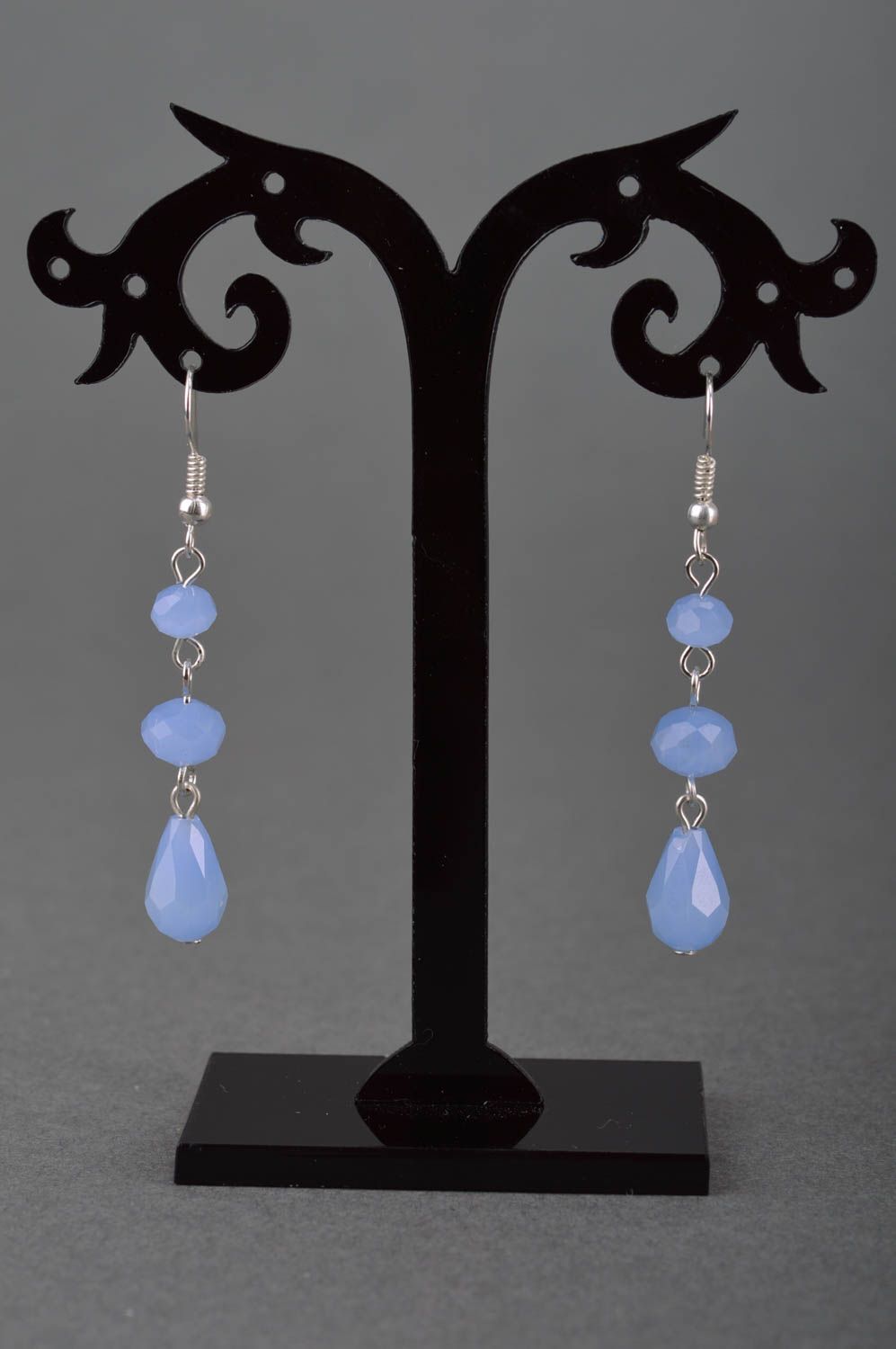Handmade designer long dangle earrings with blue faceted glass beads for women photo 3