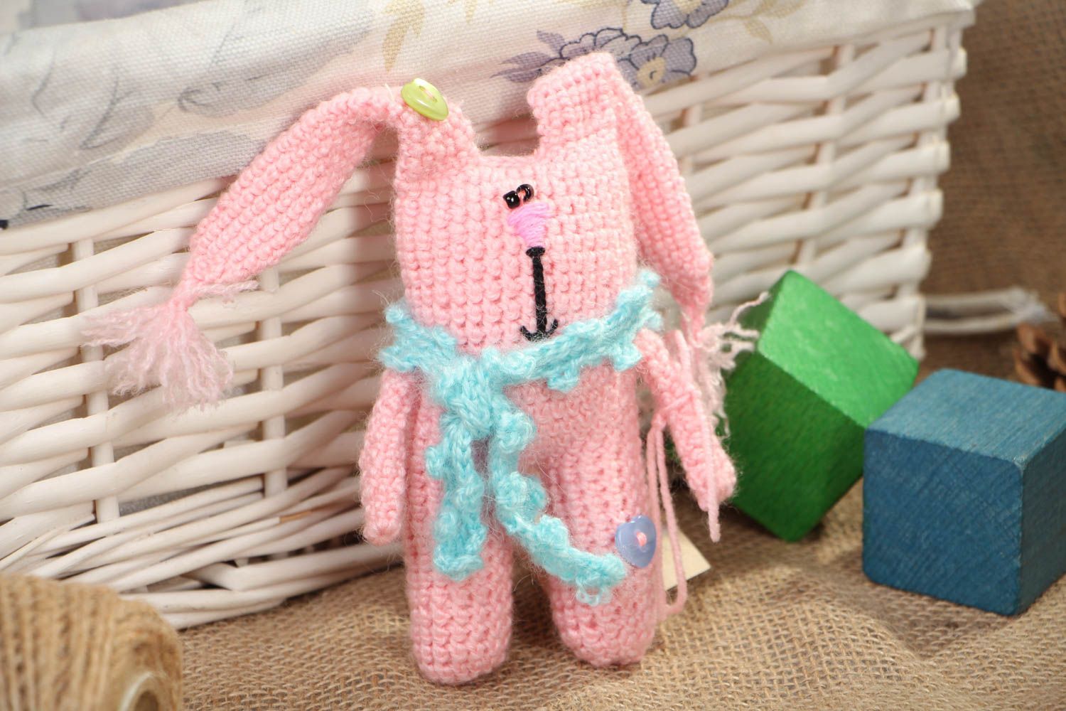 Charming crochet toy in the shape of pink hare photo 5