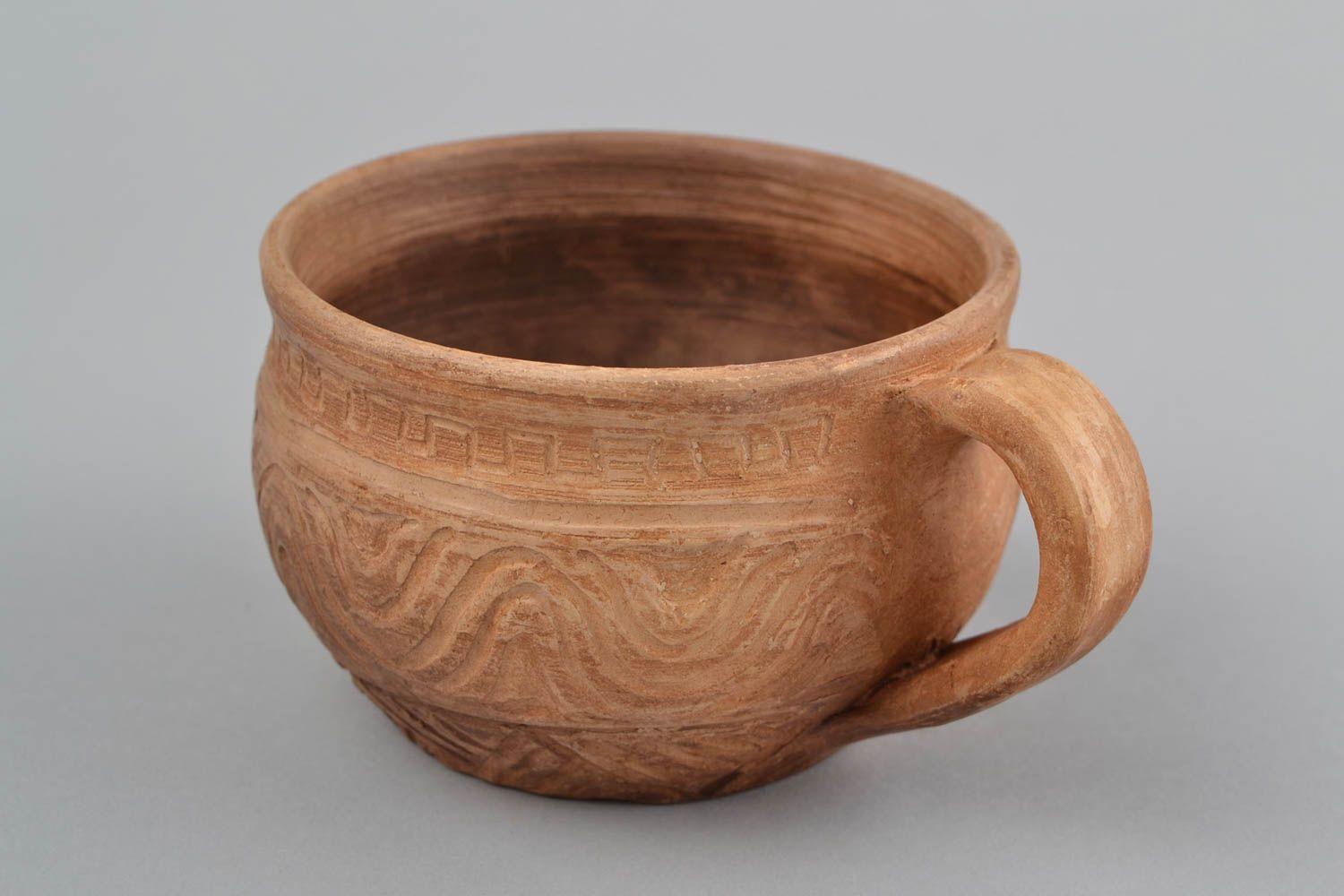 Handmade ceramic light brown coffee cup with Mayan patterns photo 4