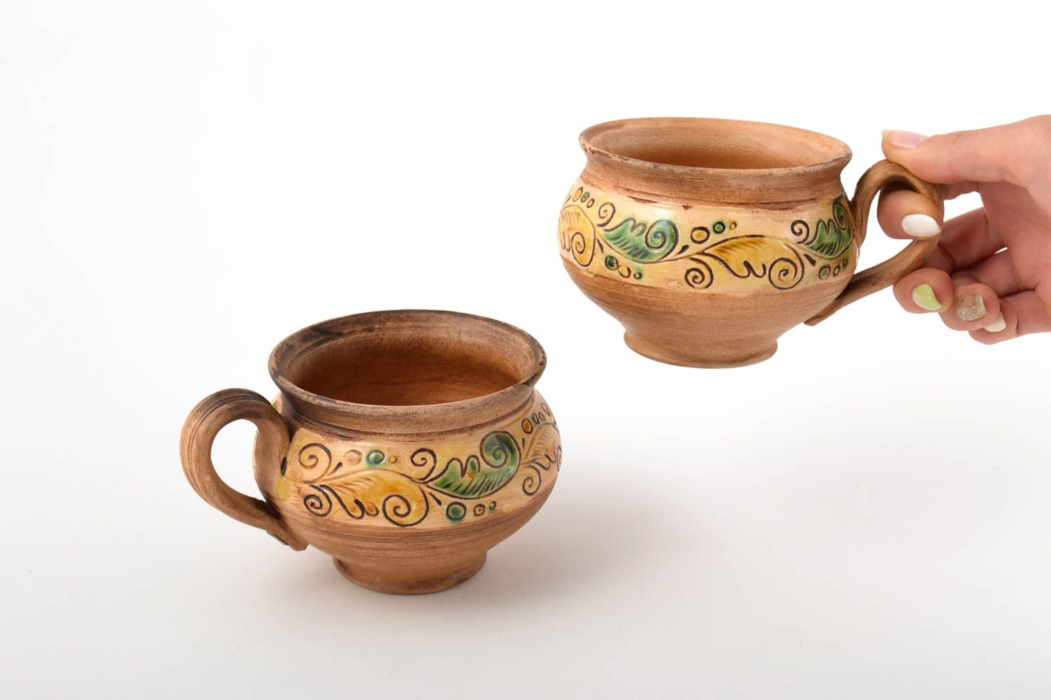 Красивые глиняные чашки ручной работы чайные чашки 2 шт посуда для чая расписная фото 5