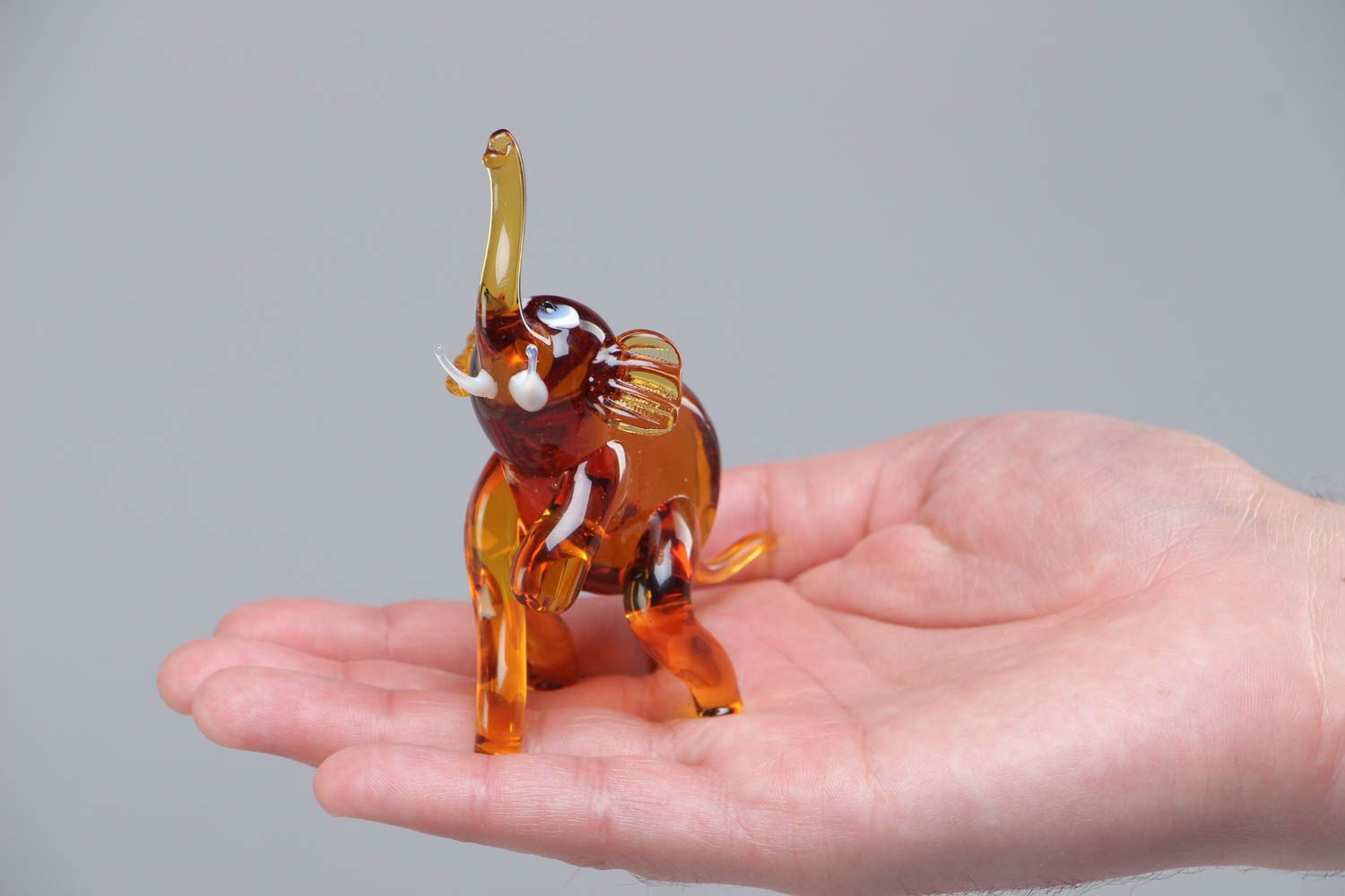 Handmade collectible lampwork glass miniature animal figurine of orange elephant photo 5