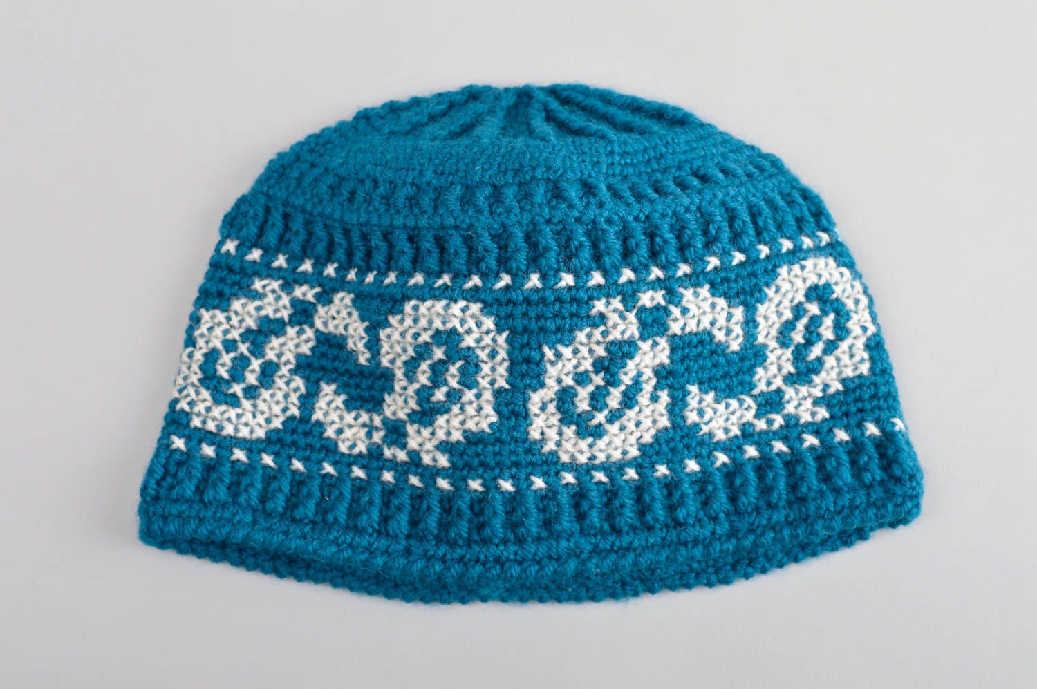 Вязаная шапка ручной работы мужская шапка красивая зимняя шапка голубая фото 5