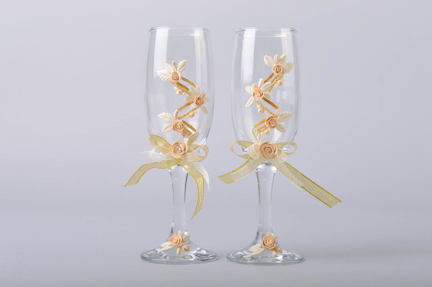 Handmade designer decorative wedding champagne glasses with molding 2 items photo 2