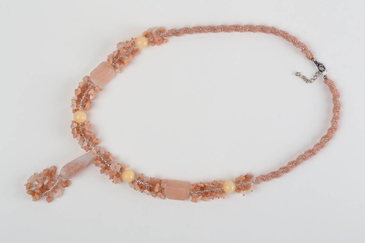Tender long peach-colored handmade necklace made of beads and natural stones  photo 3