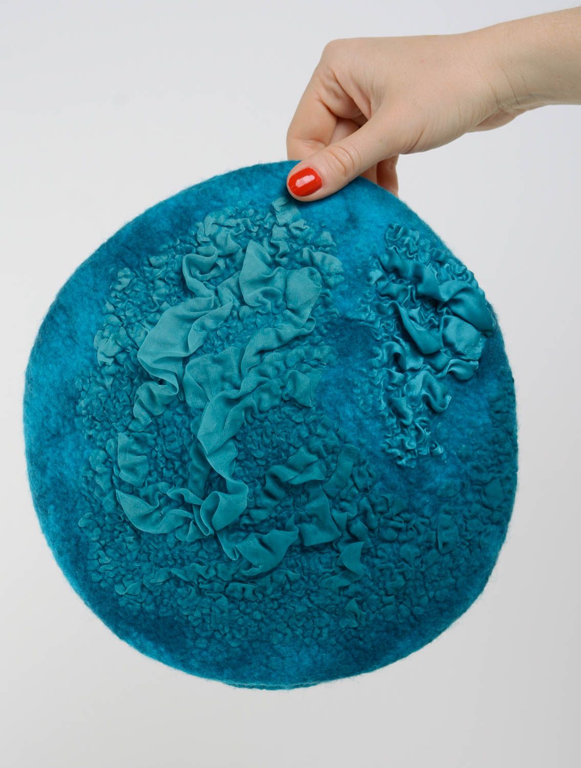 Blaue Schirmmütze aus Wolle warm handmade Künstler mit Seide schön für Frauen  foto 5