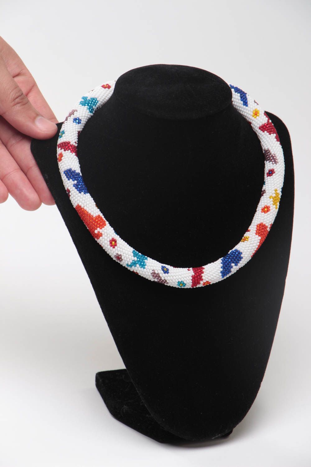 Handmade designer white beaded cord necklace with colorful floral pattern photo 5