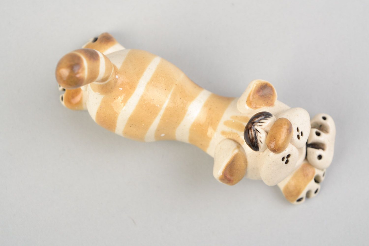 Handmade ceramic statuette with painting funny beautiful striped cat for home decor photo 3