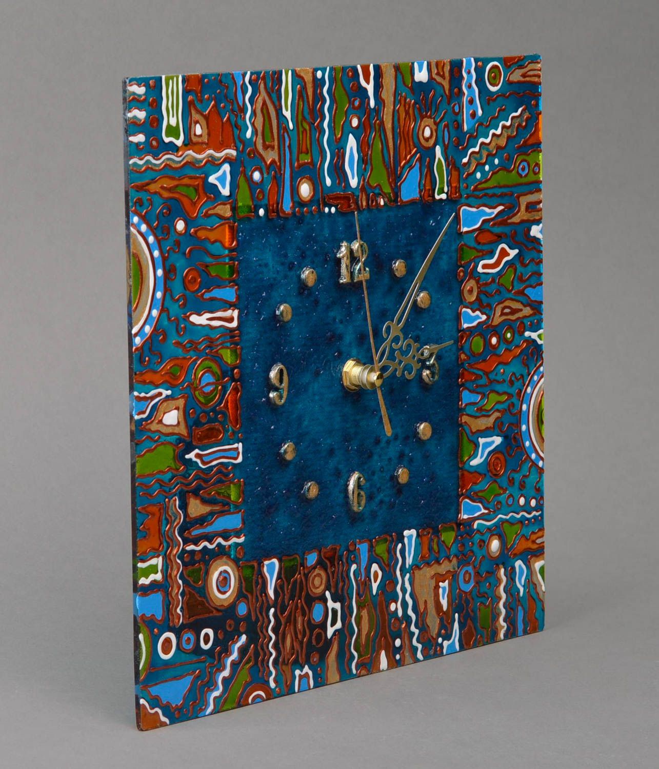 Handmade designer square glass wall clock painted in blue color shades Stone Age photo 2