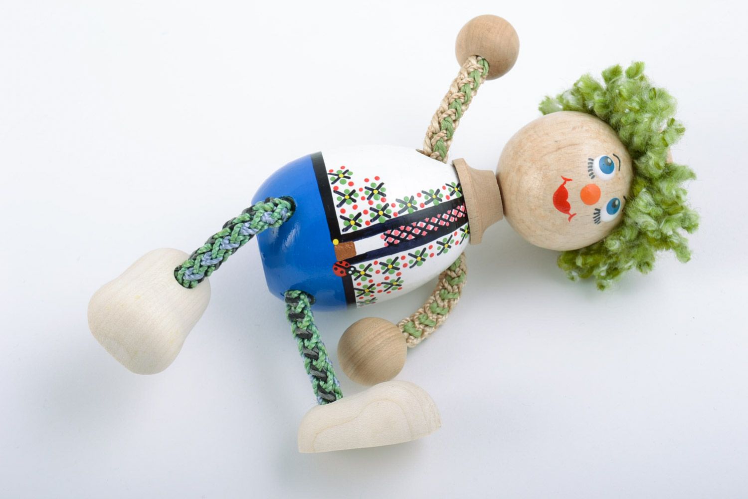 Bemaltes originelles Spielzeug aus Holz Clown mit grünen Haaren Handarbeit foto 4