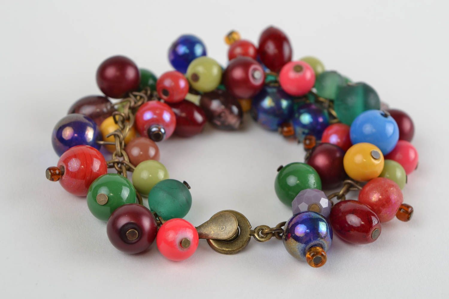 Handmade metal chain wrist bracelet with colorful glass and jadeite beads photo 5