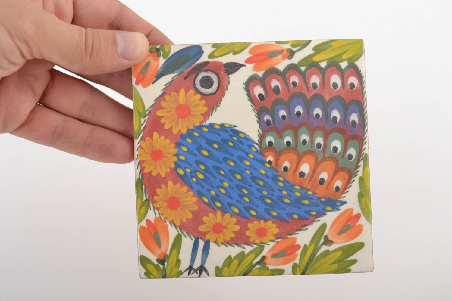 Azulejo cerámico artesanal pintado con engobes y esmalte pájaro de paraíso foto 2
