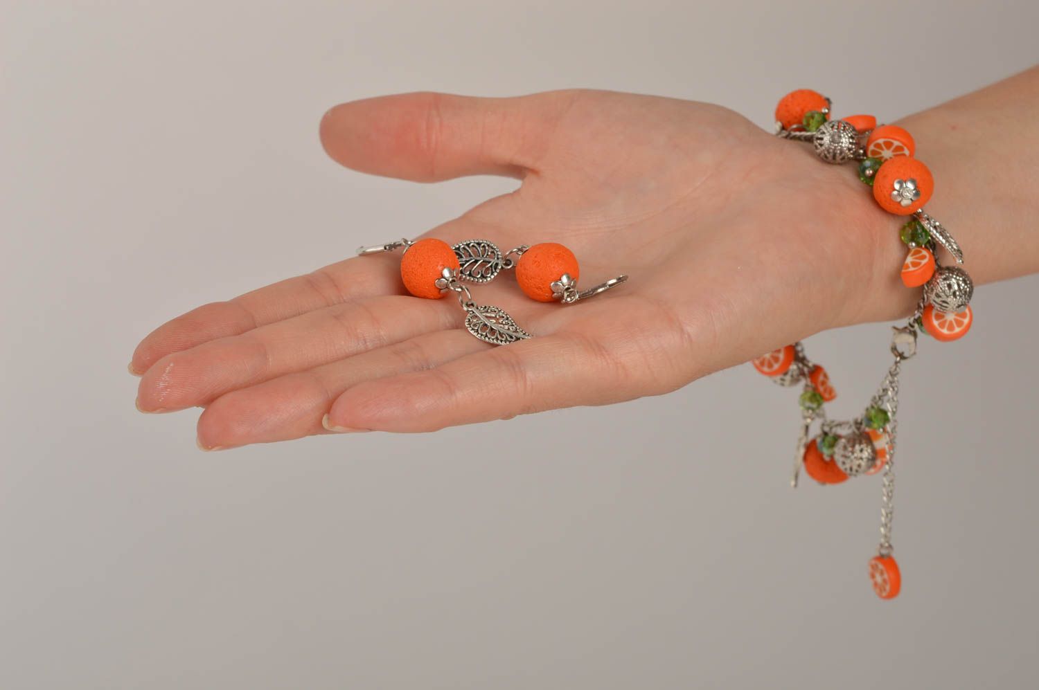 Handgefertigt Schmuck Set Frauen Armband Ohrringe Modeschmuck in Orange foto 2