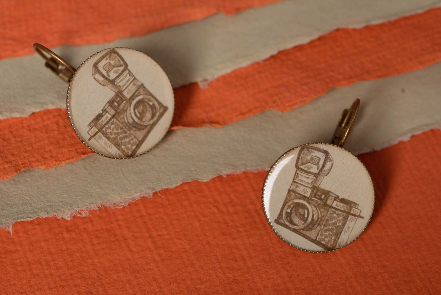 Handmade designer vintage decoupage earrings with epoxy coating photo 1