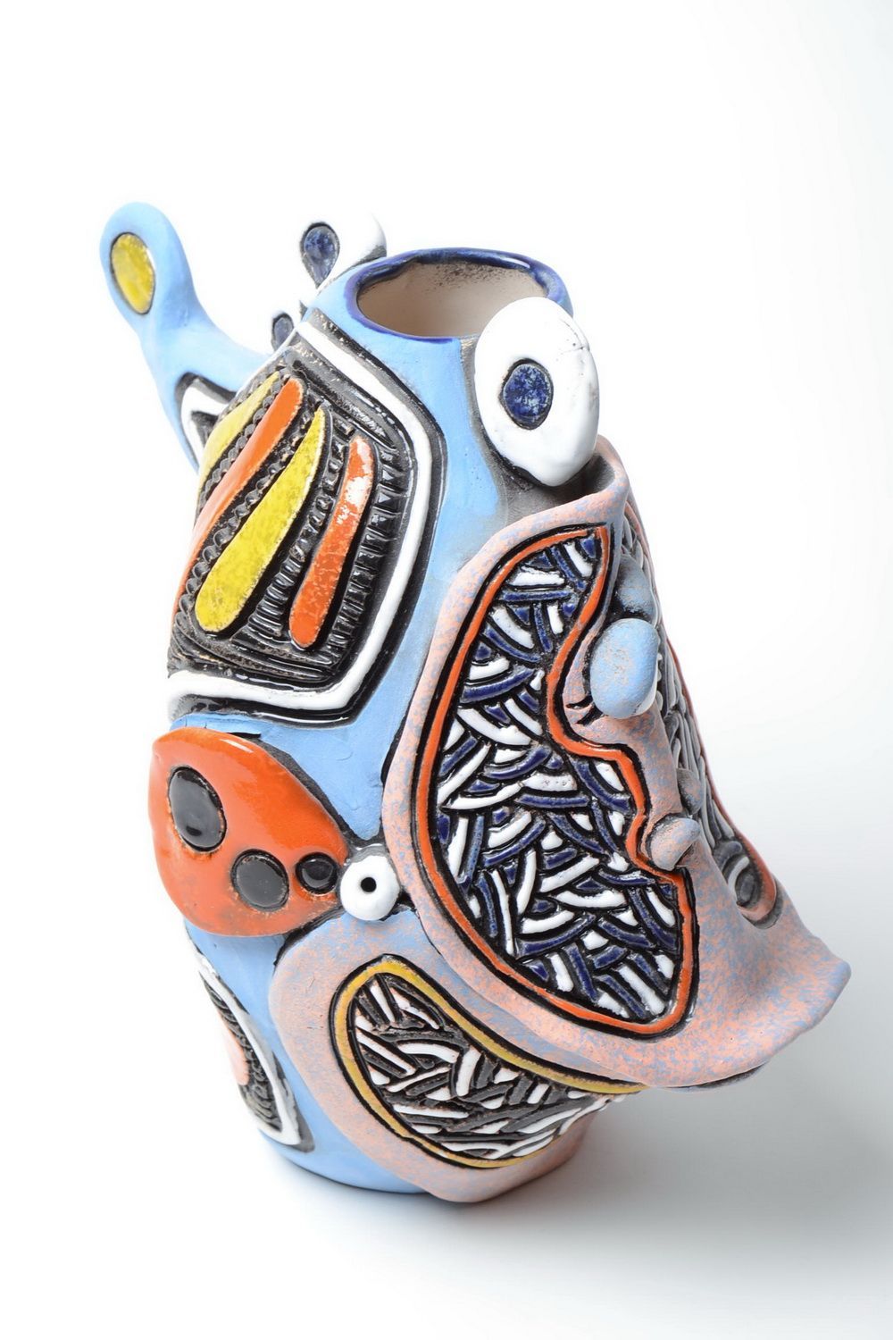 Handmade 10 inches ceramic vase in the shape of the fish in blue, black, yellow, orange colors photo 5