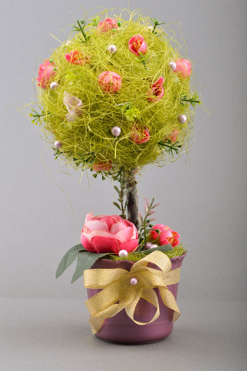 Topiario original artesanal árbol artificial de materiales naturales de sisal con flores foto 2