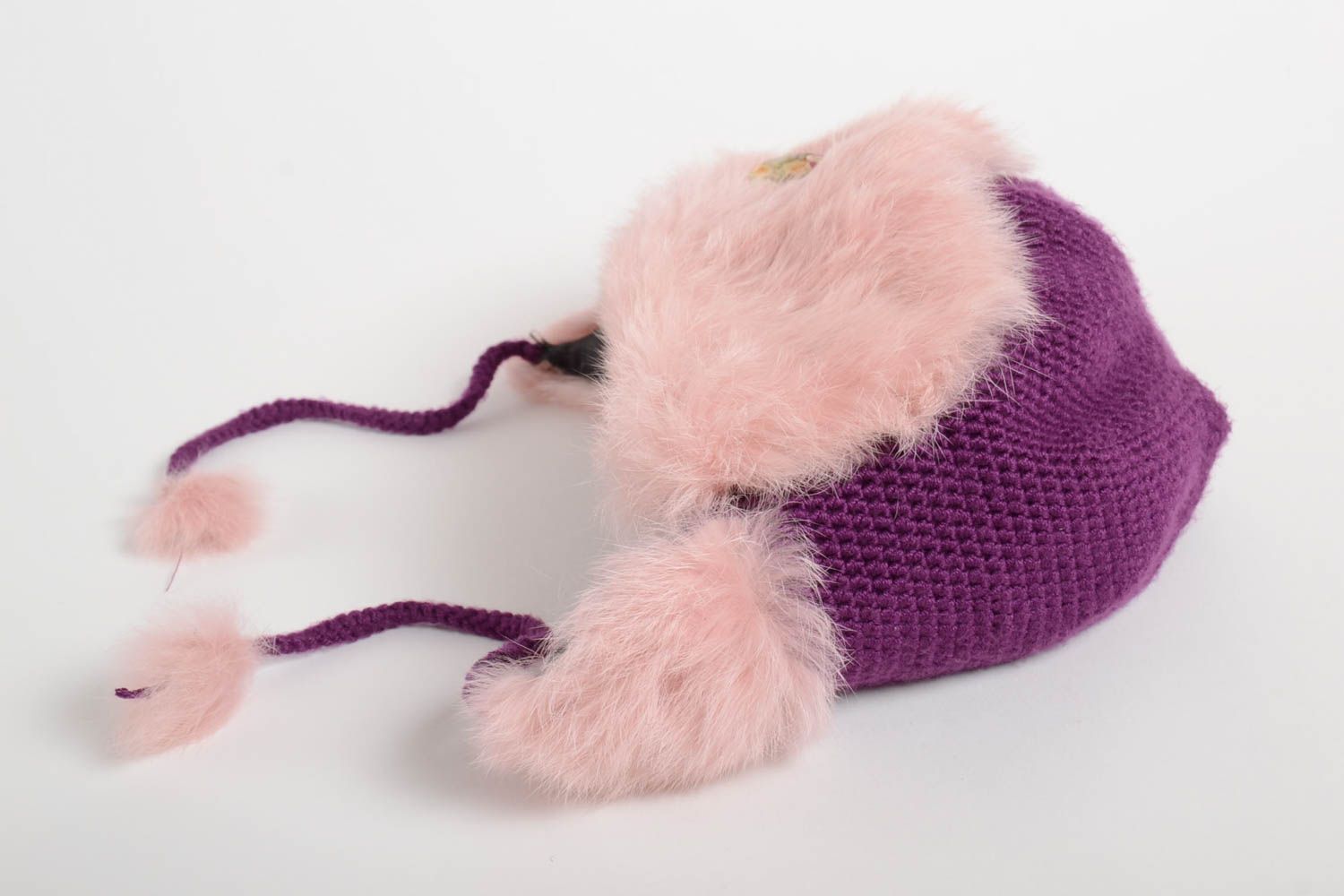 Cache-oreilles tricoté fait main Bonnet au crochet rose fourrure Vêtement enfant photo 2